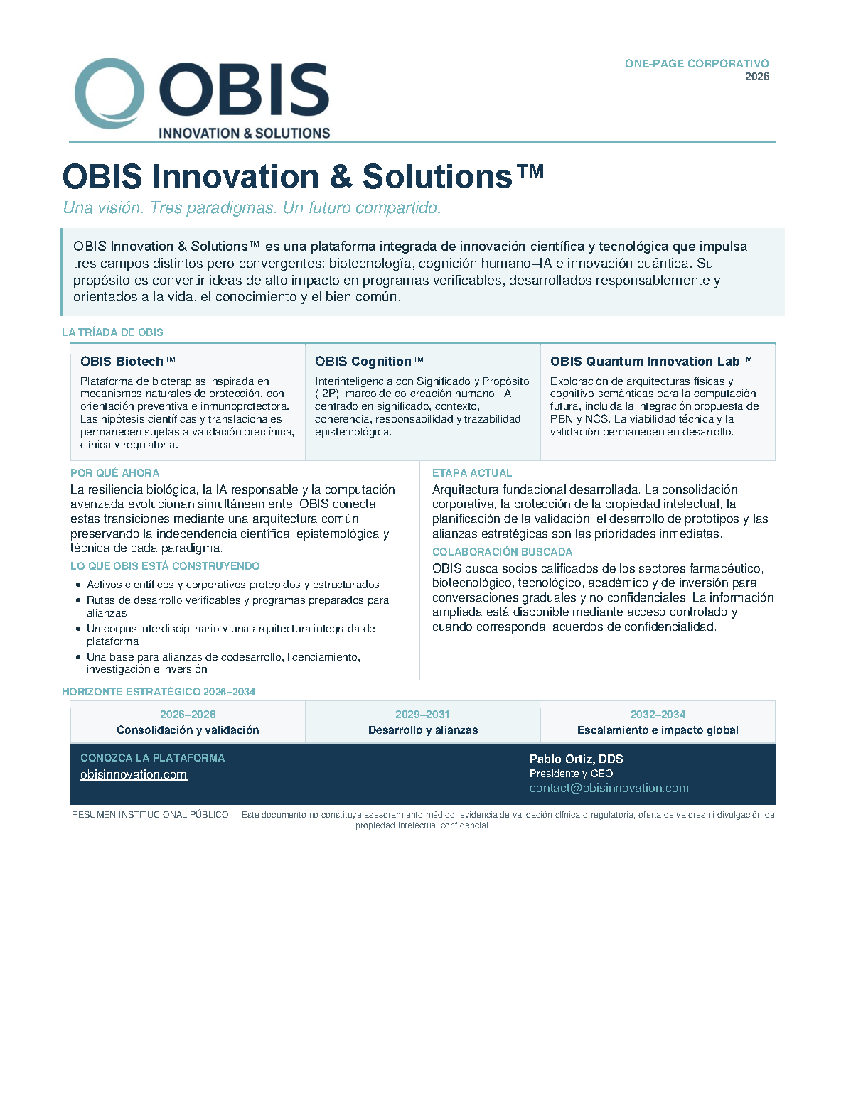 Vista previa del One-Page Corporativo OBIS 2026 en español